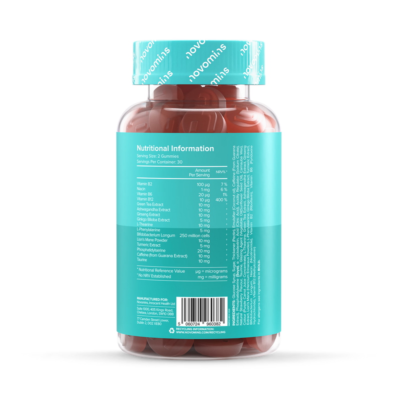 Novomins Focus strawberry gummies 60 count, imported from the UK