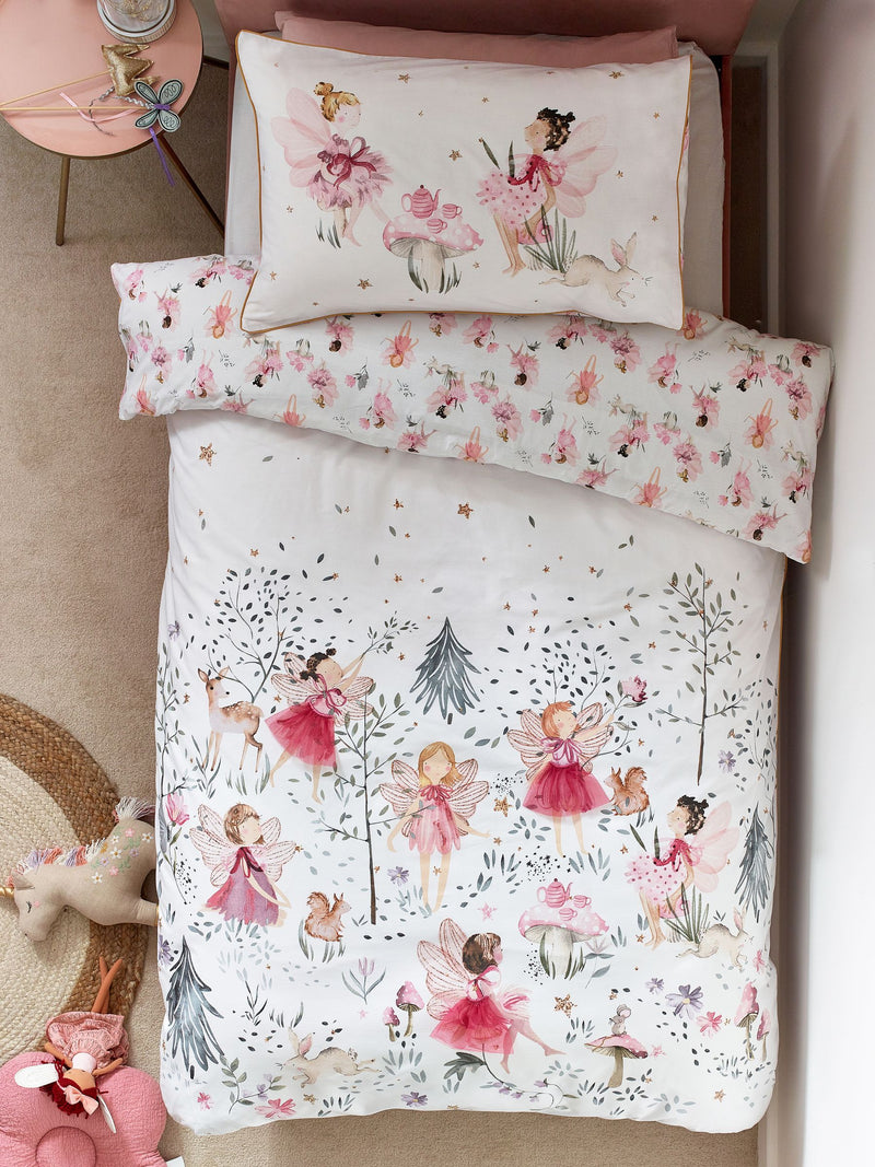 White Fairy Forest printed polycotton duvet cover and pillowcase set (British brand)