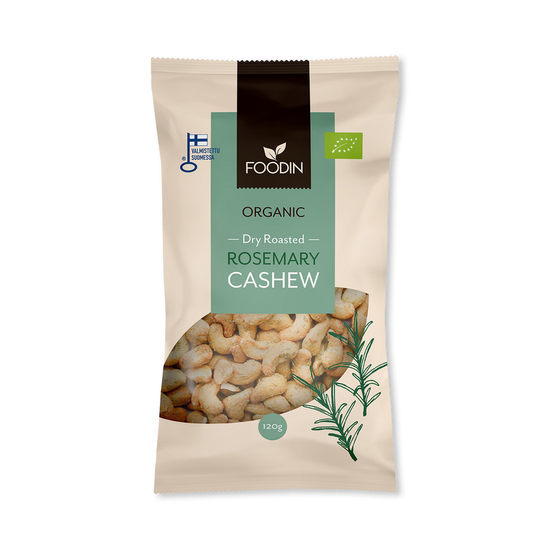 Organic dry roasted rosemary cashews 8x120g, UK version