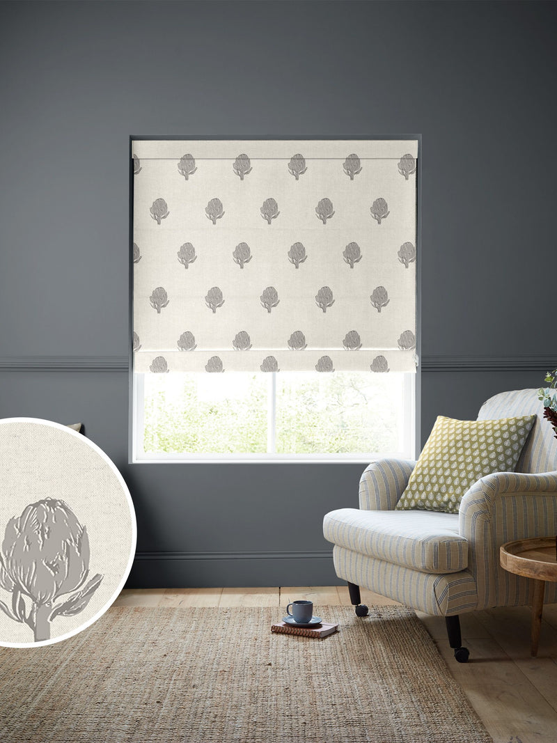 Emily Bond pebble grey 100% cotton roman blinds globe pattern, imported from the UK