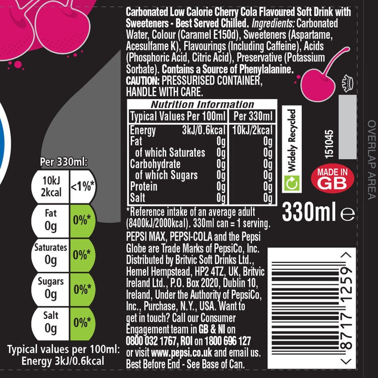 Pepsi Max Cherry sugar free cola 24 pack - British product