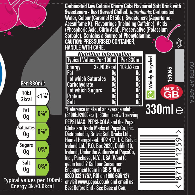 Pepsi Max Cherry sugar free cola 24 pack - British product