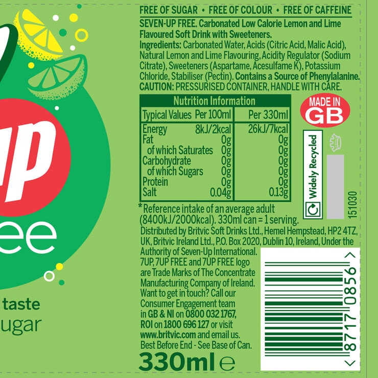 7Up Zero 24x330ml sugar free lemon lime soda, imported from the UK
