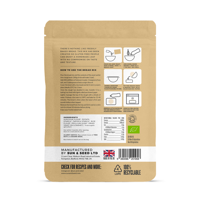 Sun & Seed organic gluten free bread mix 300g, imported from the UK