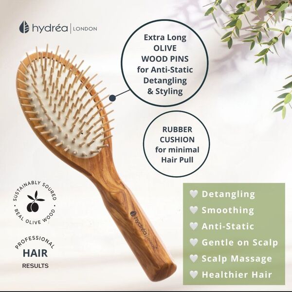 Hydrea London Olive Wood Anti-Static Detangling Hair Brush, UK version