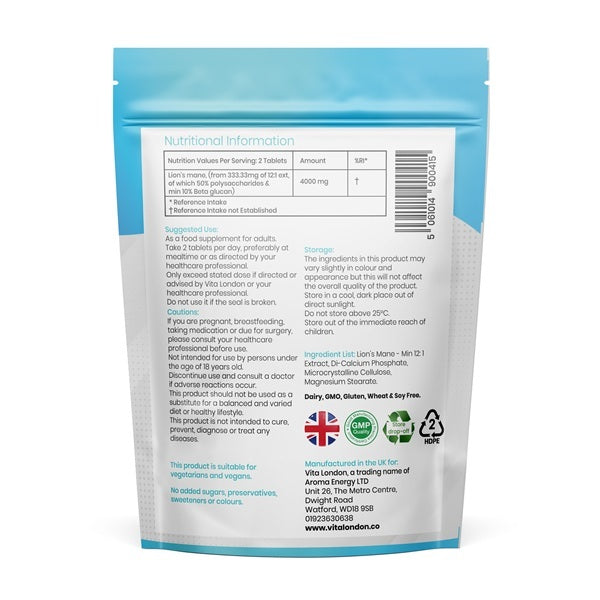 Vita London Lions Mane mushroom supplement 4000mg 120 tablets (British brand)