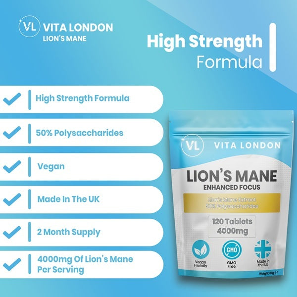 Vita London Lions Mane mushroom supplement 4000mg 120 tablets (British brand)