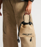 Jimmy Choo raffia drawstring pouch with leather trim, UK version