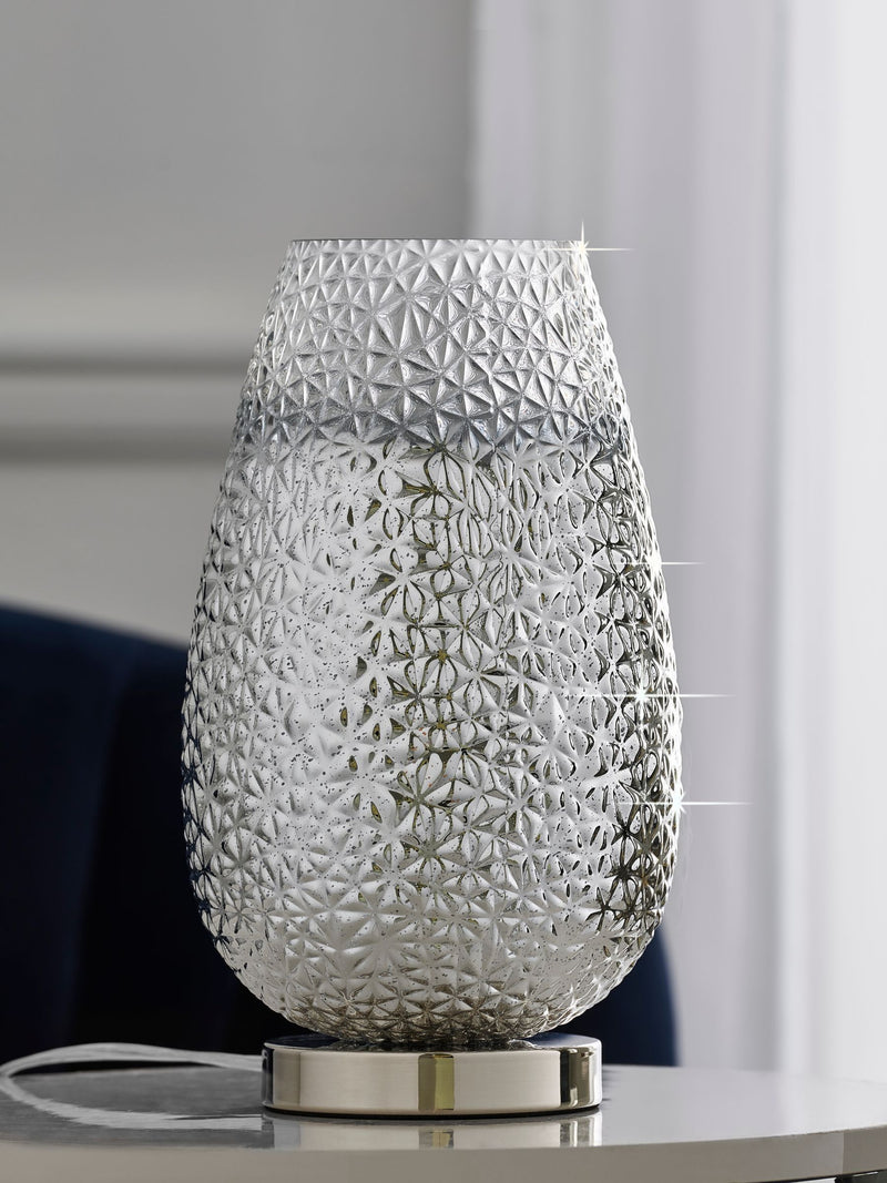 Monroe touch table lamp with chrome base and ombre glass shade, UK version