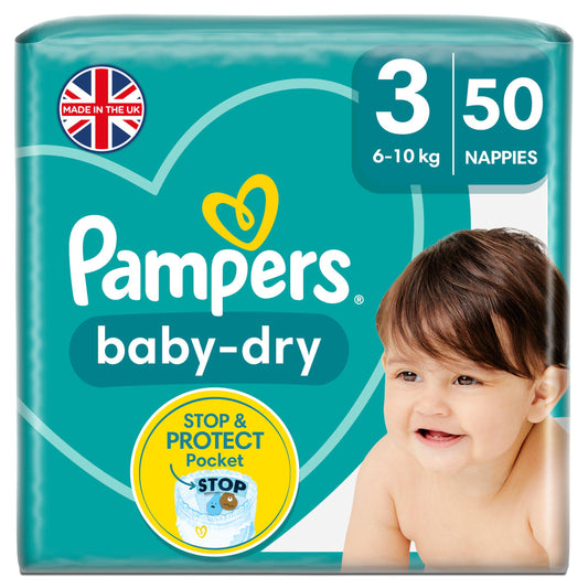 Pampers Baby-Dry Size 3, 50 Nappies, 6-10kg, Essential Pack nappies Sainsburys   
