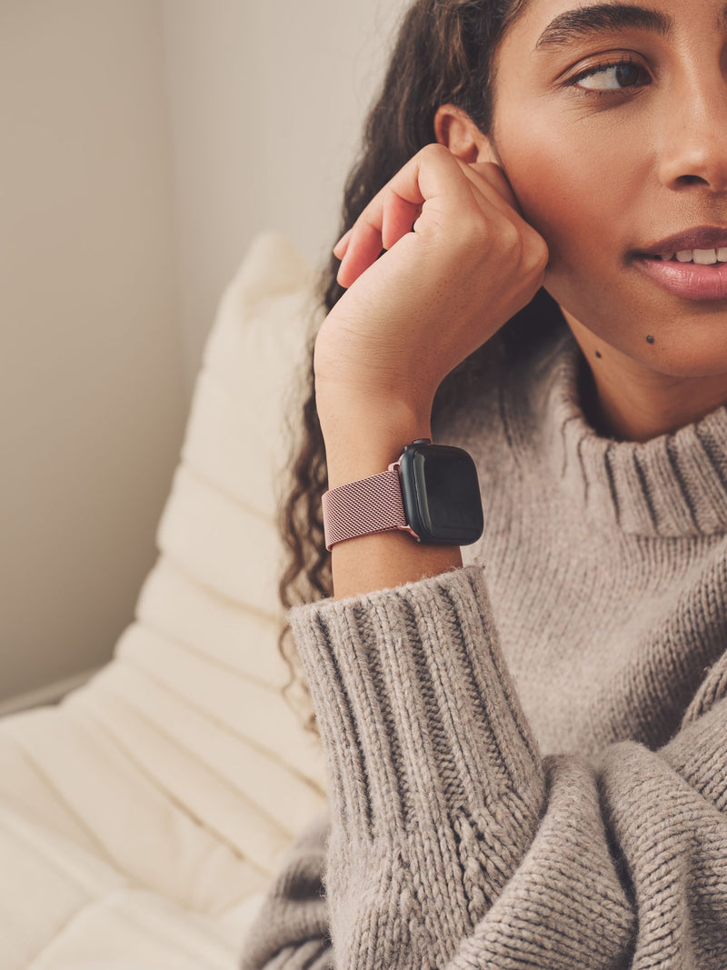 Pink mesh watch strap for Apple Watches, imported from the UK