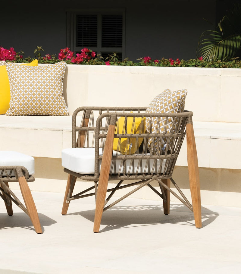Pimlico Club outdoor armchair with teak wood and rope design, imported from the UK