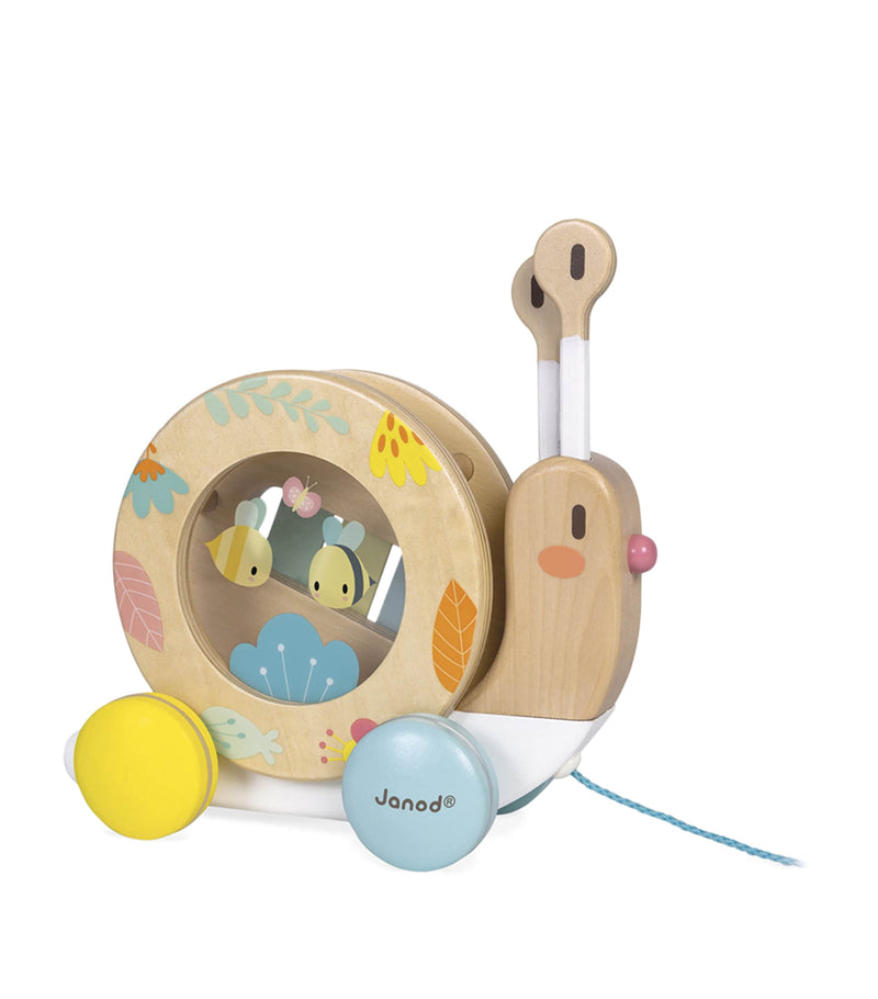 Janod Pure pull-along snail toy with xylophone and tambourine, UK version