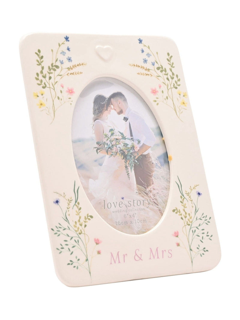 Widdop ceramic photo frame floral Mr & Mrs 4x6 inch - British product