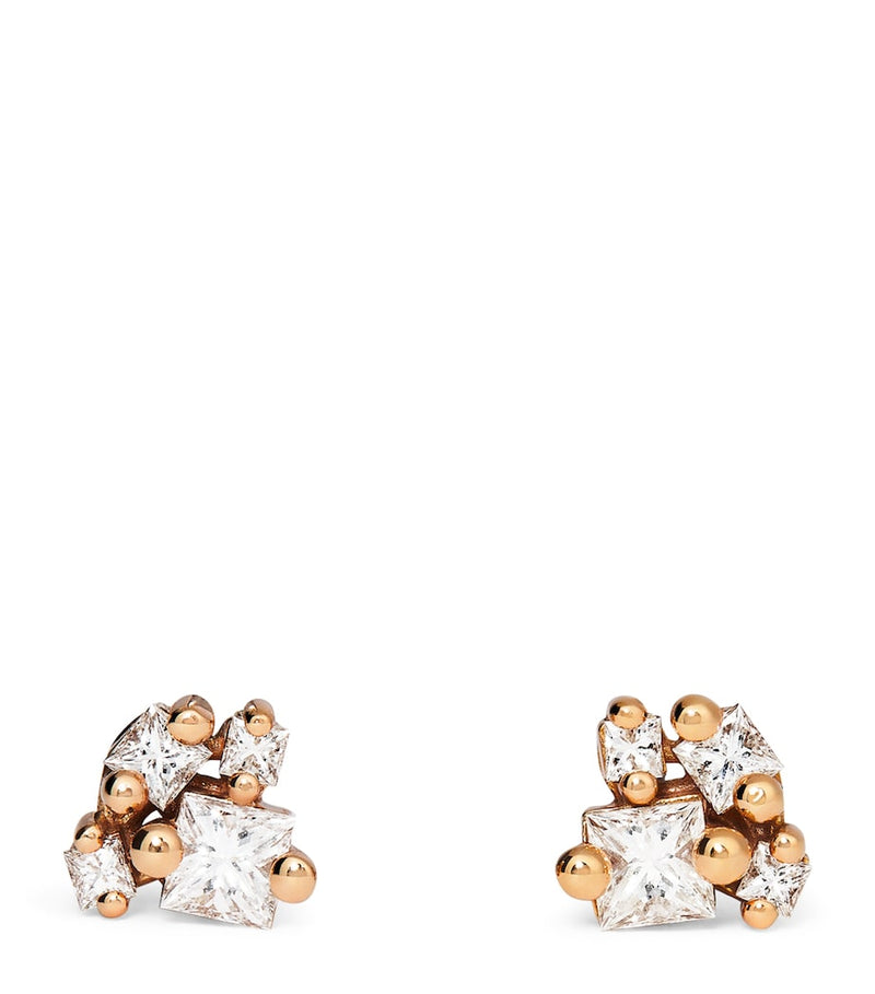 Suzanne Kalan rose gold diamond princess cluster stud earrings (British brand)