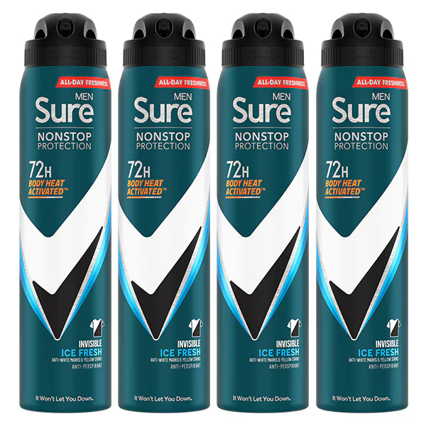 Sure Men Nonstop Invisible Ice deodorant spray 250ml x 4 (British brand)