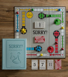 Vintage Bookshelf Sorry board game with fabric-covered book storage (British brand)