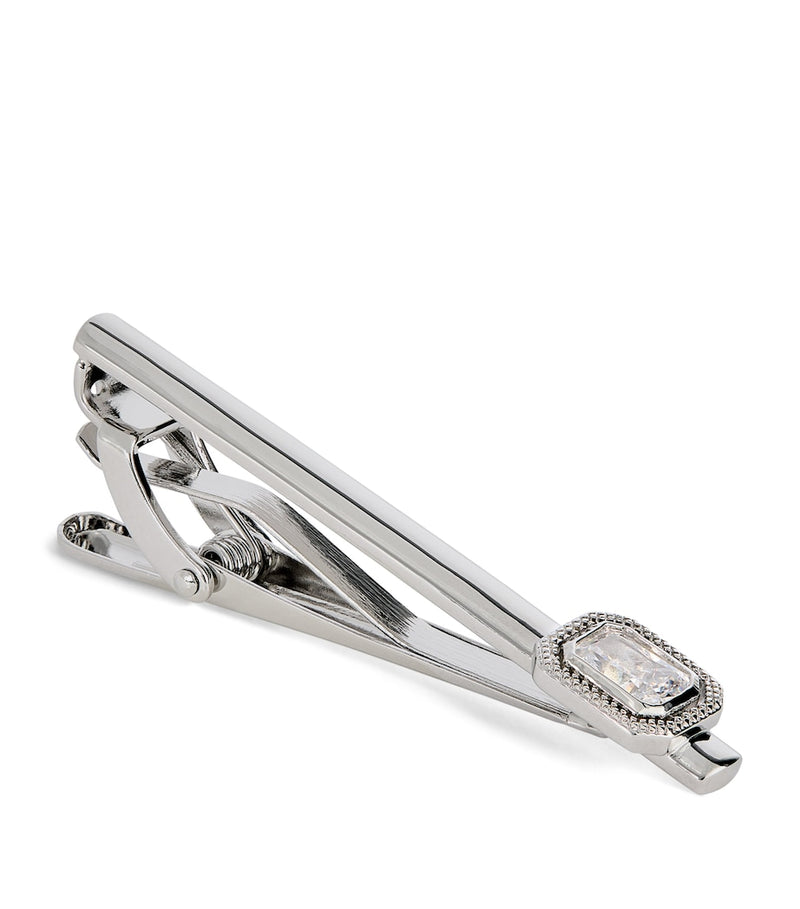 Tateossian rhodium-plated cubic zirconia halo tie clip, imported from the UK