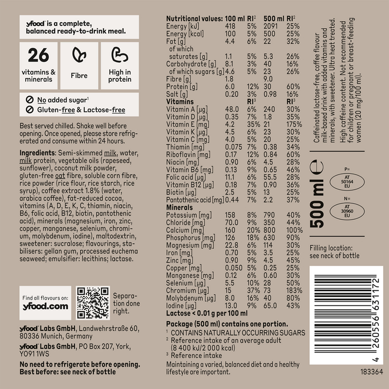 Yfood cold brew coffee complete meal drink 6x500ml, UK version