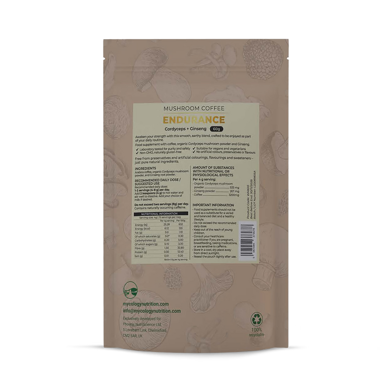 Mycology Nutrition Endurance Coffee Cordyceps and Ginseng 60g, UK version