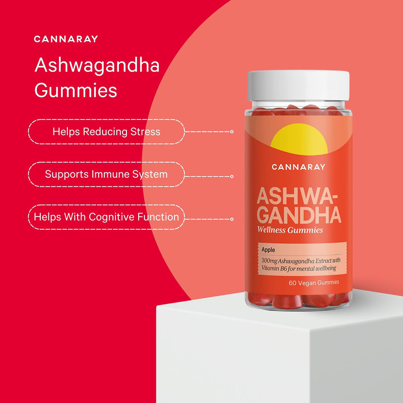 Cannaray Ashwagandha gummies apple flavour 60 count, imported from the UK