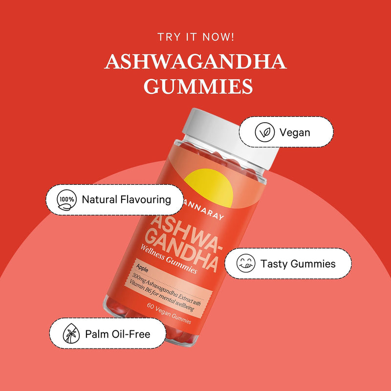 Cannaray Ashwagandha gummies apple flavour 60 count, imported from the UK