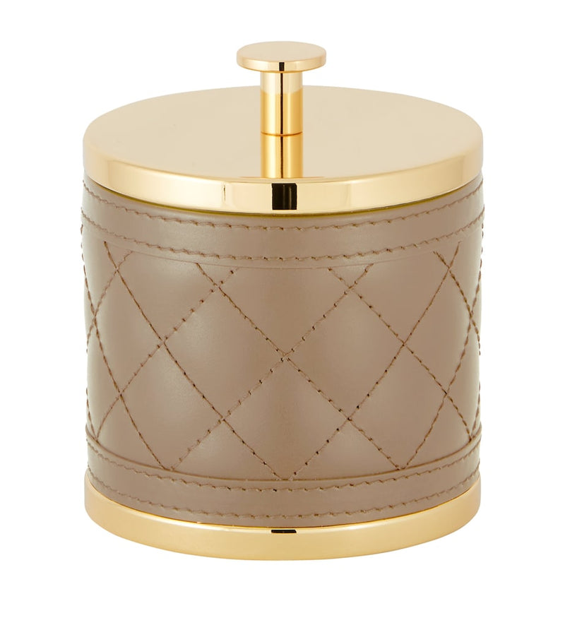 Riviere small quilted round box with leather and brass accents, imported from the UK