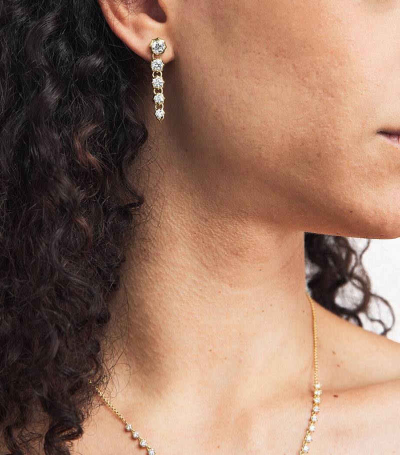 Jade Trau yellow gold diamond drop earrings, imported from the UK