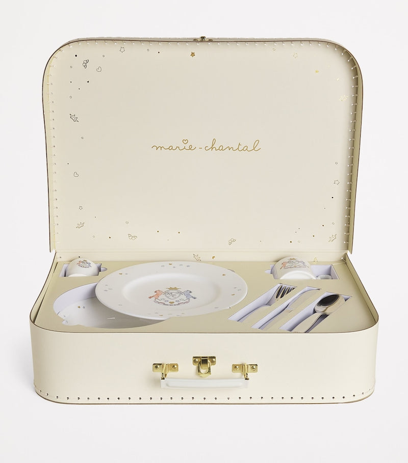 Marie-Chantal Crest Collection breakfast suitcase set with fine bone china and cutlery - British product