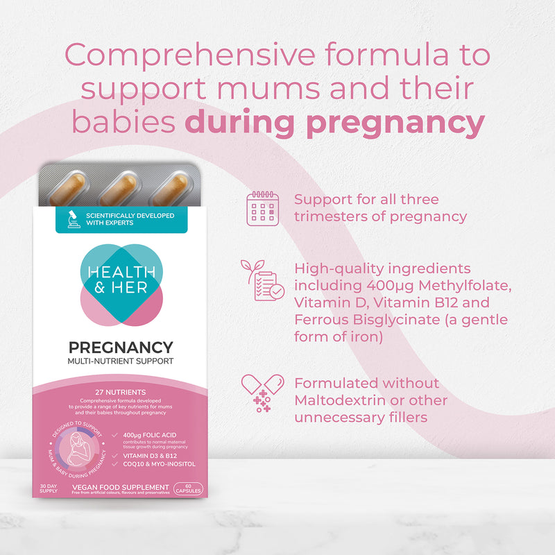 Health & Her pregnancy multivitamin supplement 60 capsules, imported from the UK