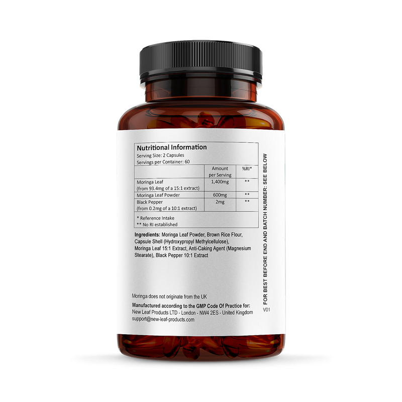 New Leaf Products moringa capsules with black pepper 120, UK version