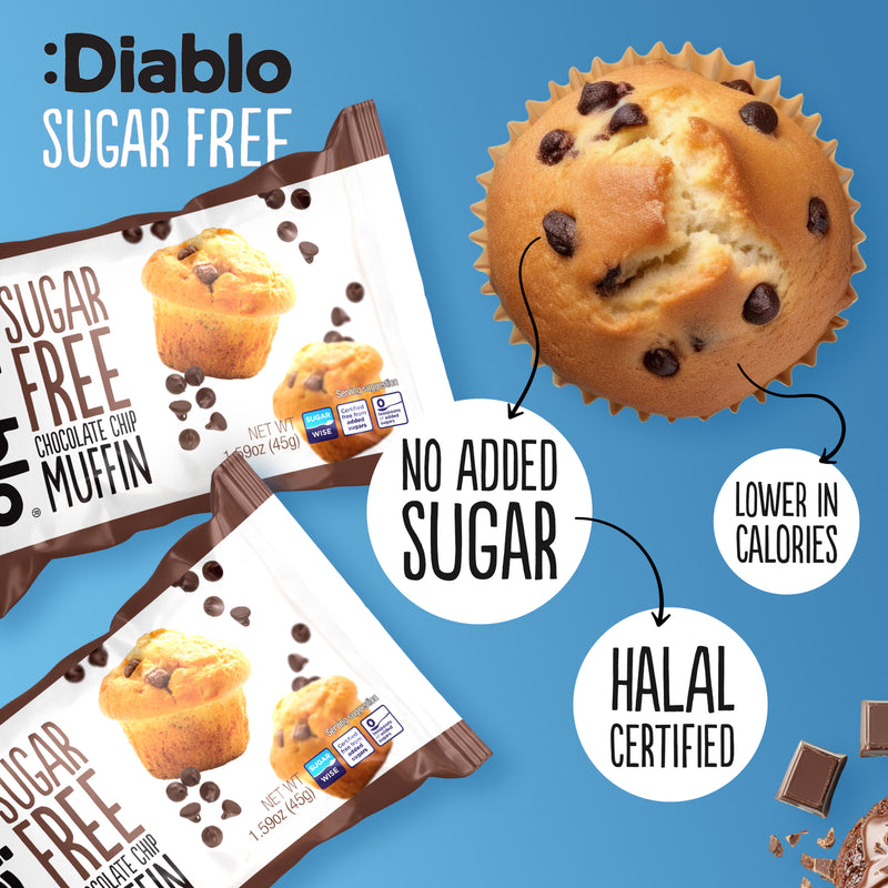 Diablo sugar free chocolate chip muffin 45g pack of 24, imported from the UK