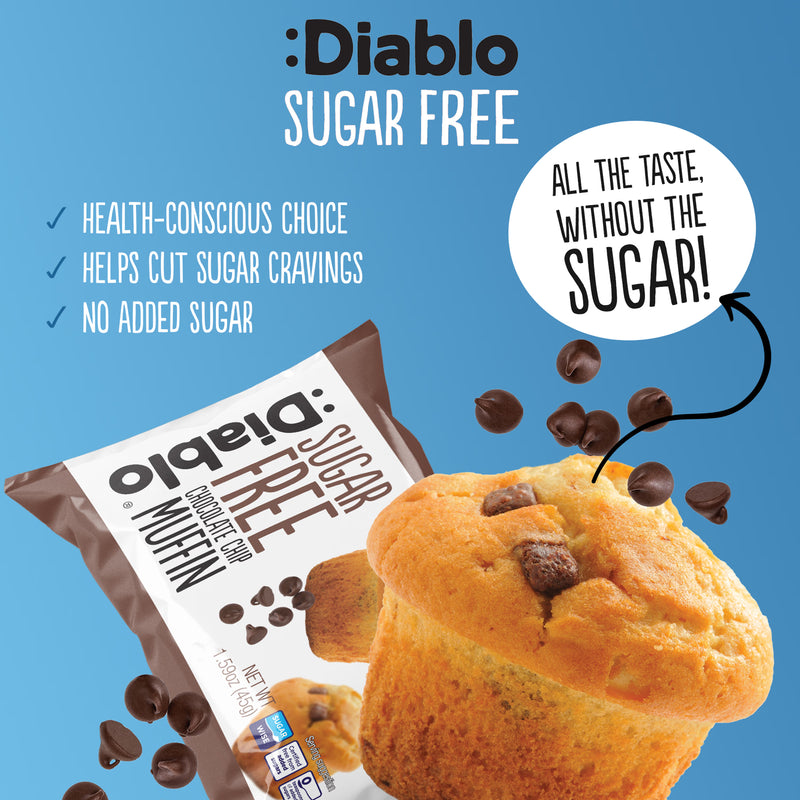 Diablo sugar free chocolate chip muffin 45g pack of 24, imported from the UK