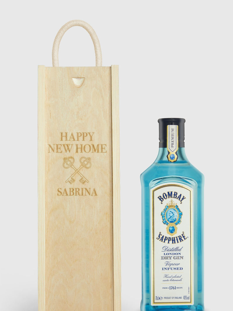 Bombay Sapphire gin personalised new home gift box, imported from the UK