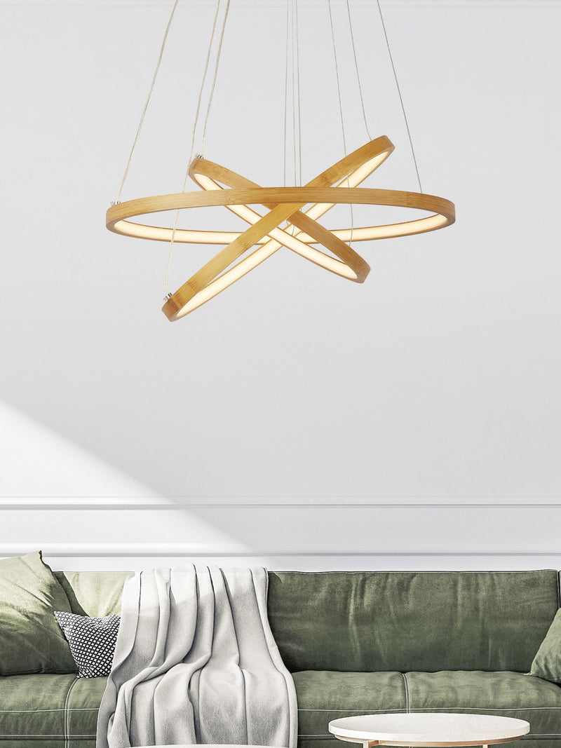 Searchlight Lyra bamboo pendant with three rings, imported from the UK
