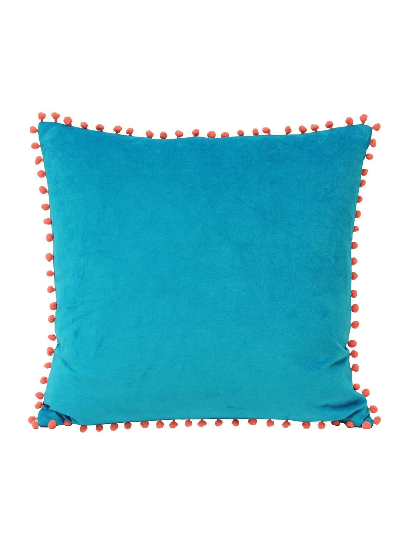 Riva Paoletti velvet pom pom cushion teal blue coral pink, UK version