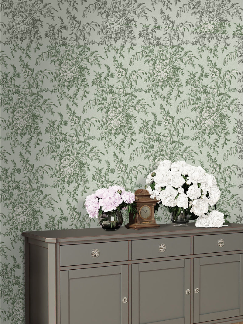 Laura Ashley Sage Green Picardie A4 wallpaper sample (British brand)