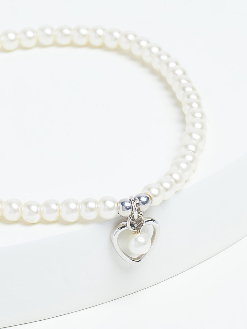 Sterling silver heart charm pearl beaded bracelet (British brand)
