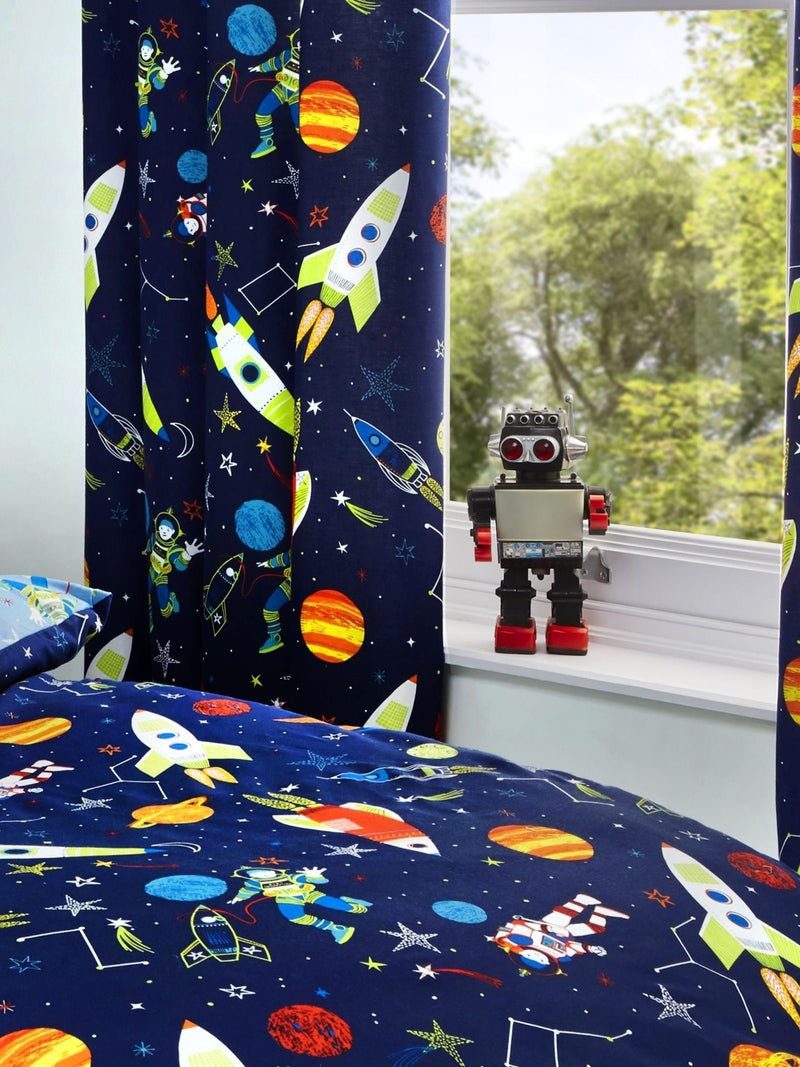 Bedlam Super Sonic pencil pleat curtains with glow-in-the-dark stars (British brand)