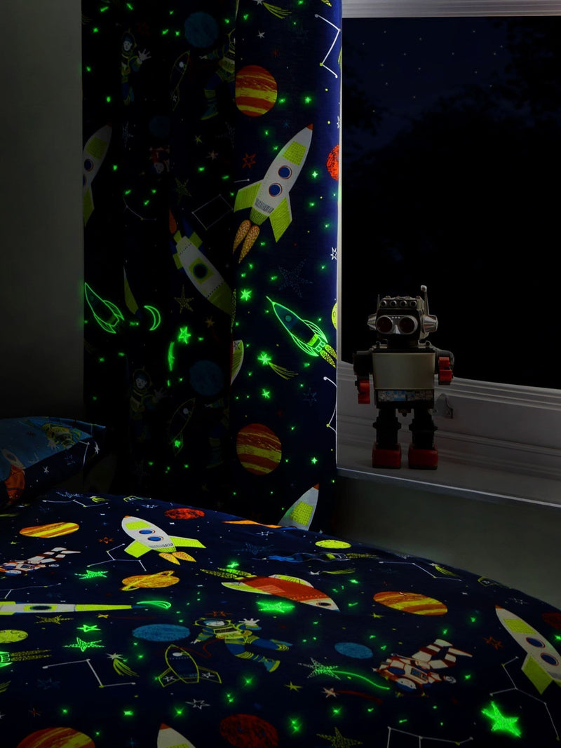 Bedlam Super Sonic pencil pleat curtains with glow-in-the-dark stars (British brand)