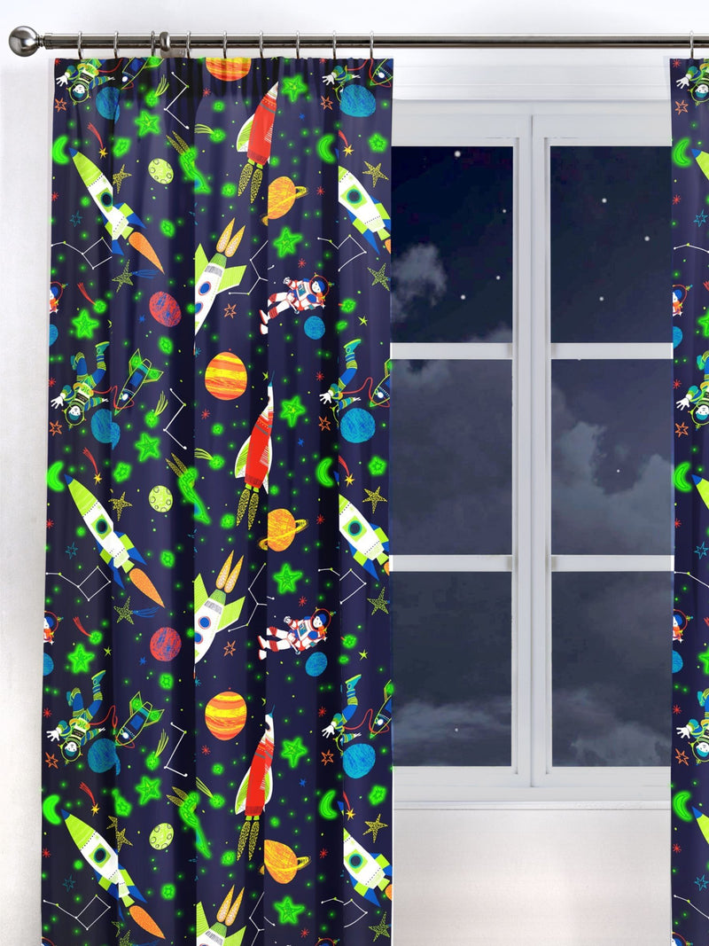 Bedlam Super Sonic pencil pleat curtains with glow-in-the-dark stars (British brand)