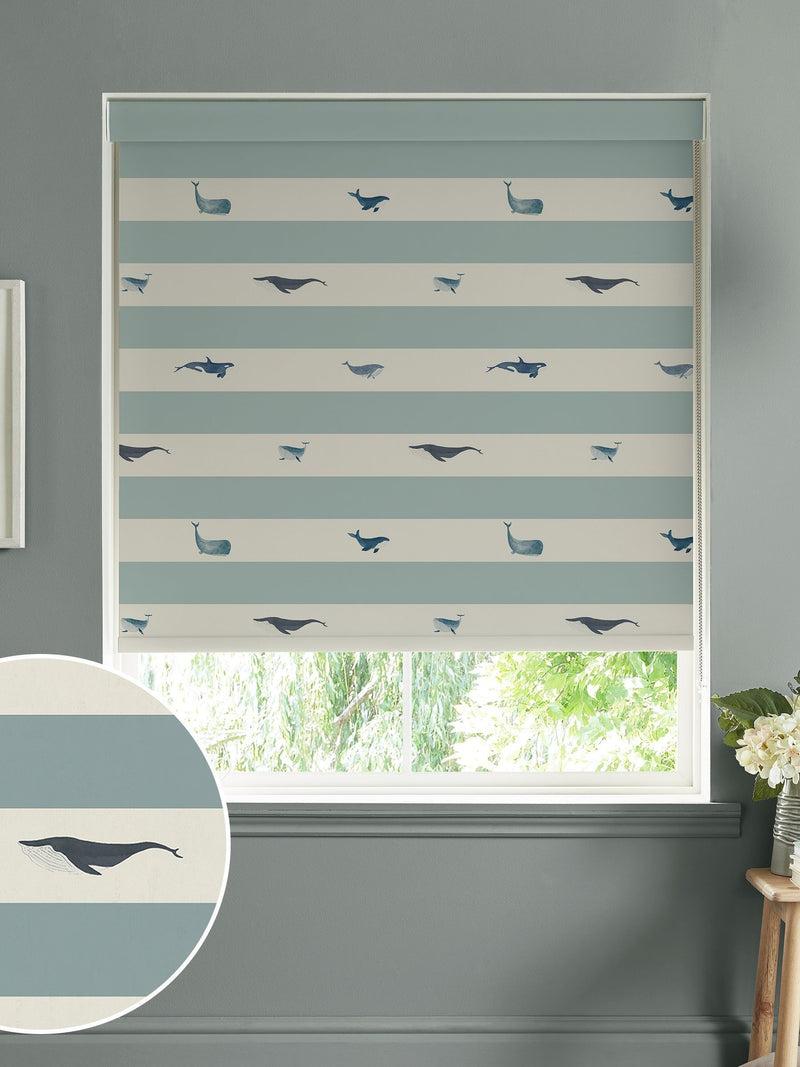 Sophie Allport roller blind deep duck egg blue stripe whale - British product
