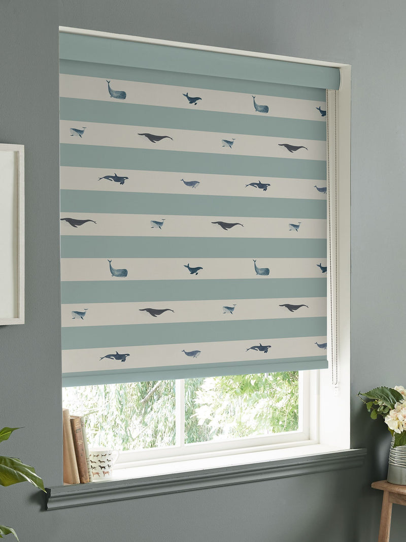 Sophie Allport roller blind deep duck egg blue stripe whale - British product