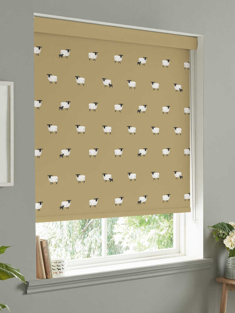 Sophie Allport roller blind ochre yellow sheep design, UK version