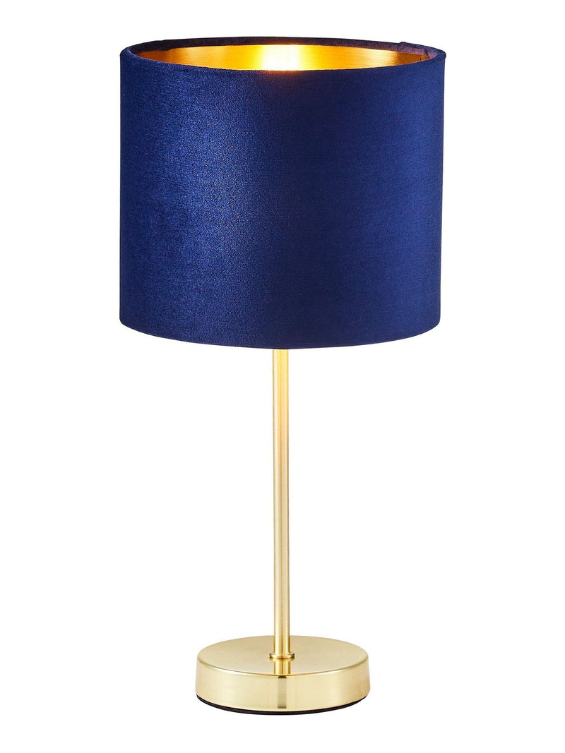 BHS blue velvet table lamp with brass base, imported from the UK