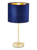 BHS blue velvet table lamp with brass base, imported from the UK