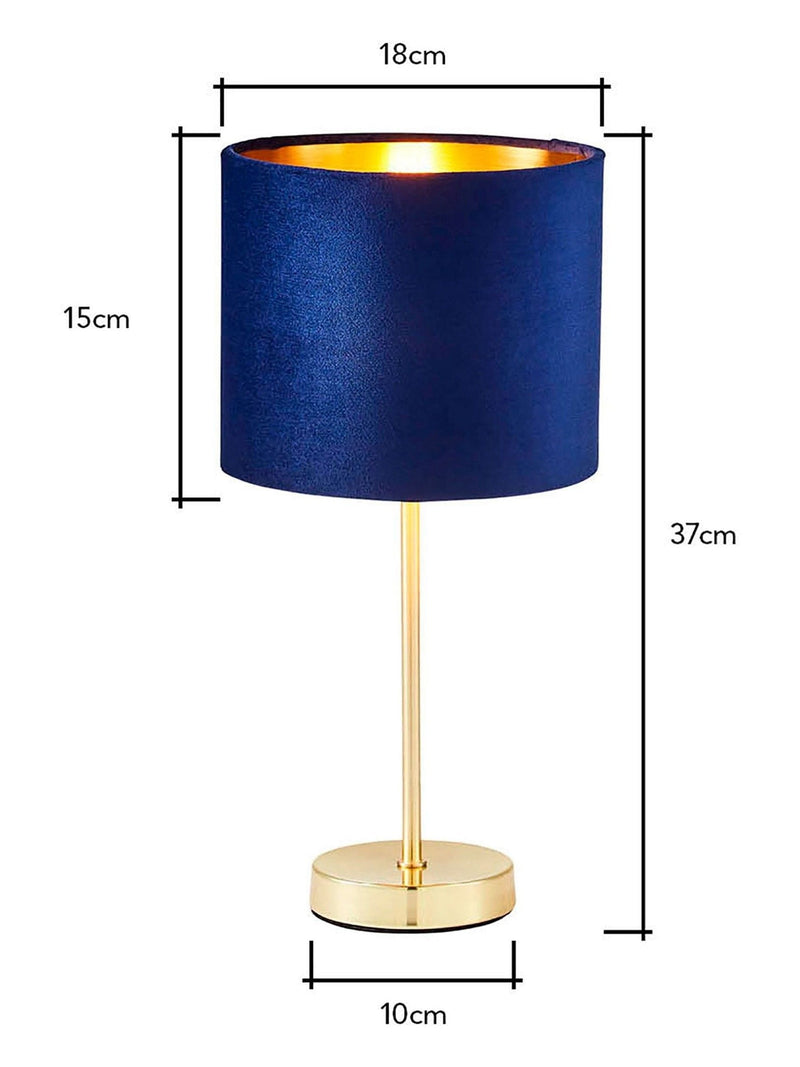 BHS blue velvet table lamp with brass base, imported from the UK