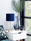 BHS blue velvet table lamp with brass base, imported from the UK