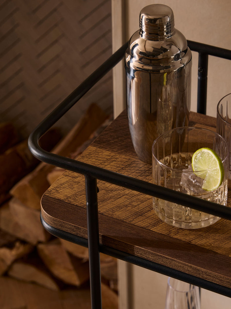 Bronx drinks trolley with wood-effect shelves and wheels, imported from the UK