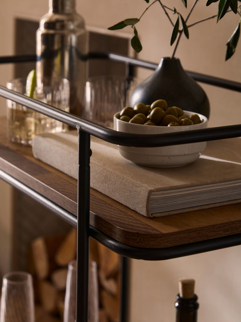 Bronx drinks trolley with wood-effect shelves and wheels, imported from the UK